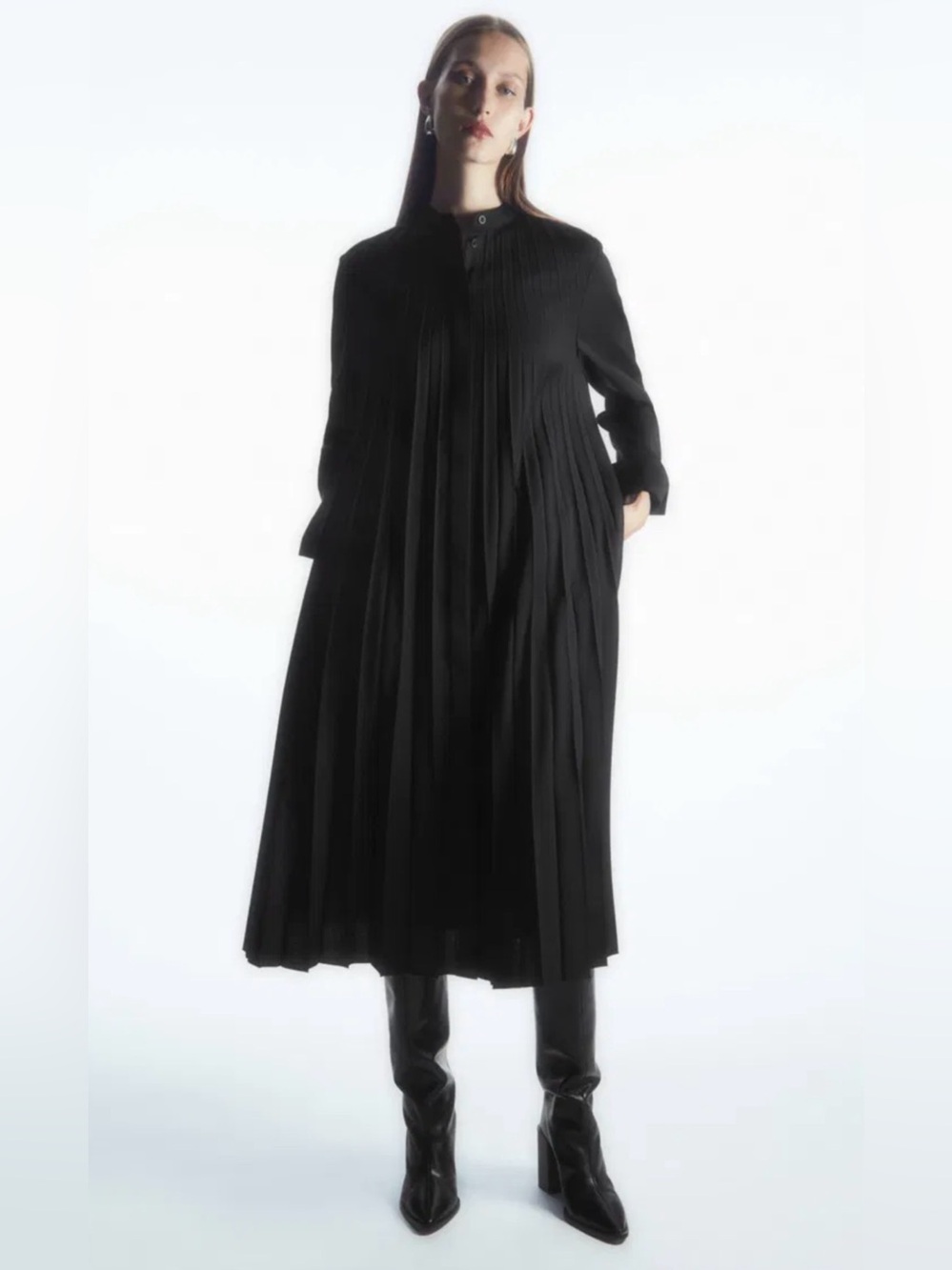 COS Black Pleated Long Sleeve Midi Shirt Dress size L